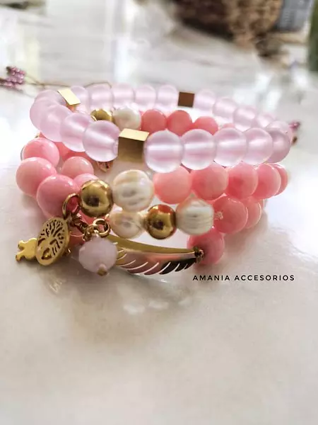 Set De Pulseras Cuarzo Rosa